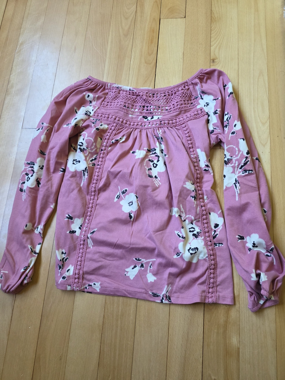 Girls' Pink Floral Crochet-Trim Long Sleeve Top